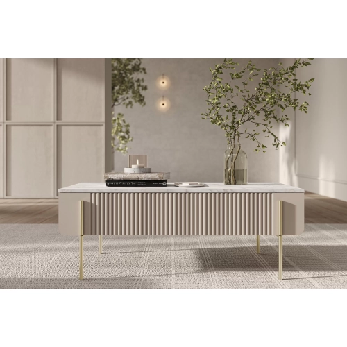Stolik kawowy z szufladami Malmi 100 cm - kaszmir / crema bianca / złote nóżki
